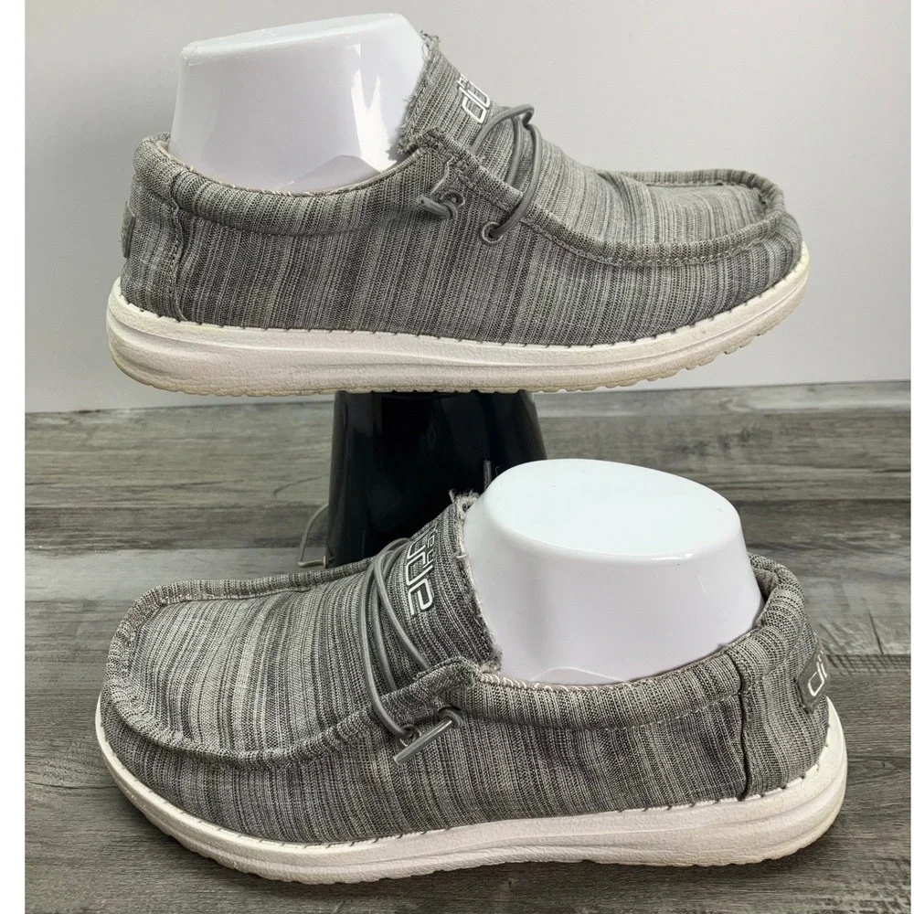 Hey Dude Wally Youth Linen Stone Grey Slip On Loafers Shoes 130130704 Size Y5 L6